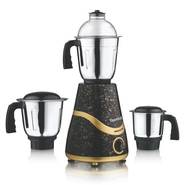 Veronica Magnum Heavy Duty 750 watts 3 Jar Mixer Grinder with 304 SS Blades, Large Size SS Jars, Break Resistant Jar Lids, Black-Gold