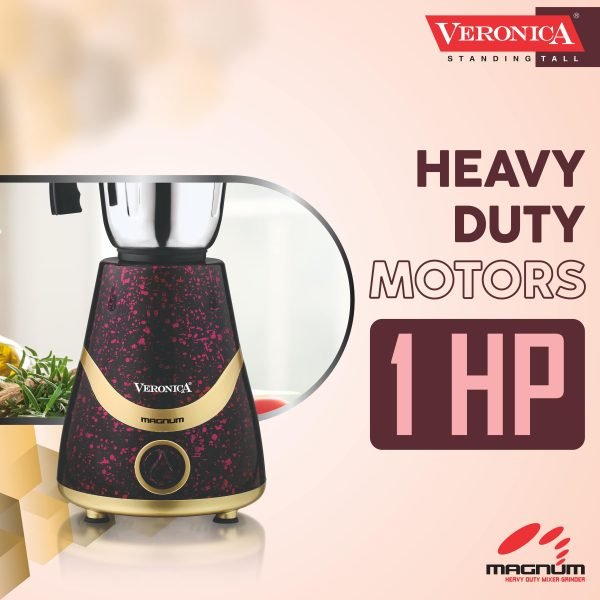 Veronica Magnum Heavy Duty 750 watts 3 Jar Mixer Grinder with 304 SS Blades, Large Size SS Jars, Break Resistant Polycarbonate Transparent Jar Lids, Pink-Gold