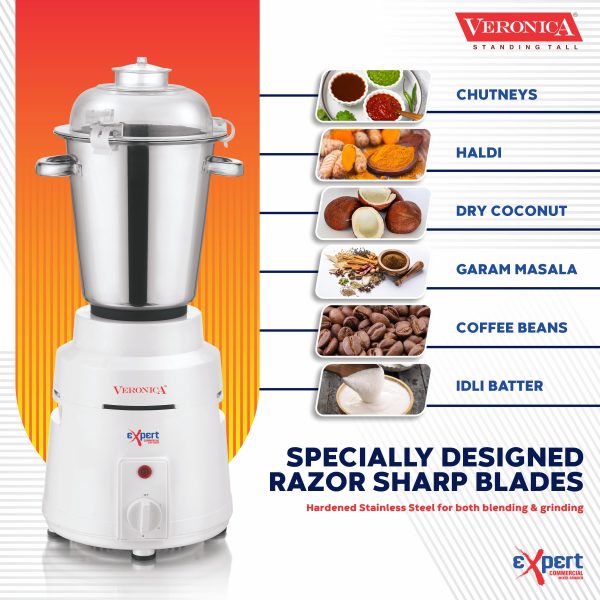 Veronica Expert Commercial 1.6HP Mixer Grinder, 2 Jars for Grinding, Mixing, Powerful Copper Motor