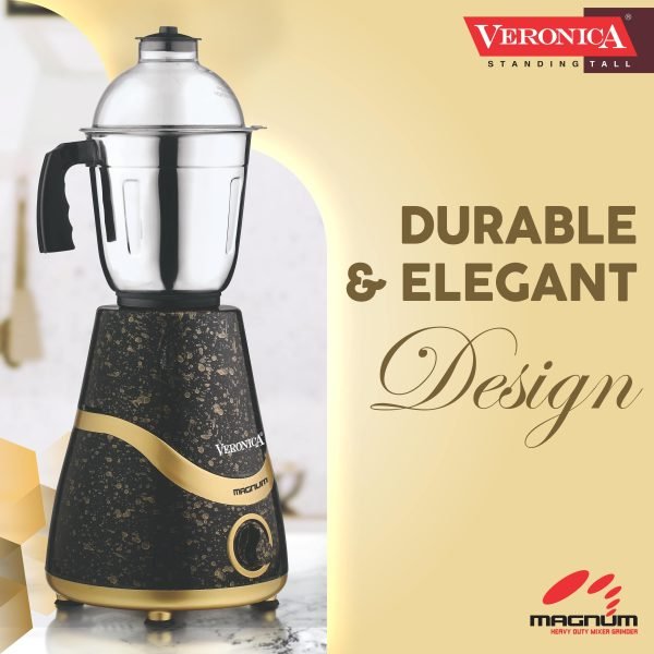 Veronica Magnum Heavy Duty 750 watts 3 Jar Mixer Grinder with 304 SS Blades, Large Size SS Jars, Break Resistant Jar Lids, Black-Gold