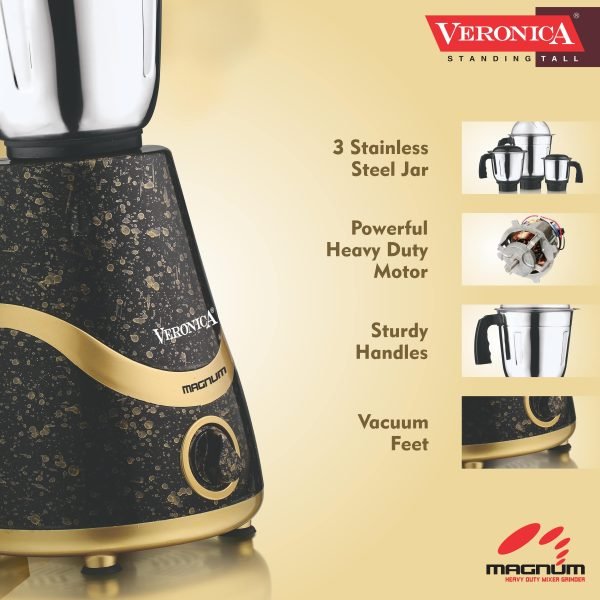 Veronica Magnum Heavy Duty 750 watts 3 Jar Mixer Grinder with 304 SS Blades, Large Size SS Jars, Break Resistant Jar Lids, Black-Gold