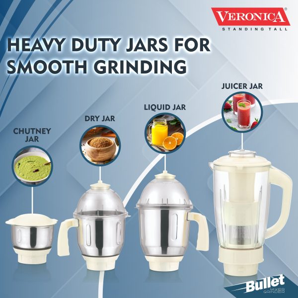 Veronica Bullet 1HP Mixer Grinder, 3 Jars for Grinding, Mixing,Powerful Copper Motor, Polycarbonate lids, 3 years warranty