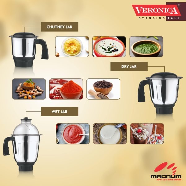 Veronica Magnum Heavy Duty 750 watts 3 Jar Mixer Grinder with 304 SS Blades, Large Size SS Jars, Break Resistant Jar Lids, Black-Gold