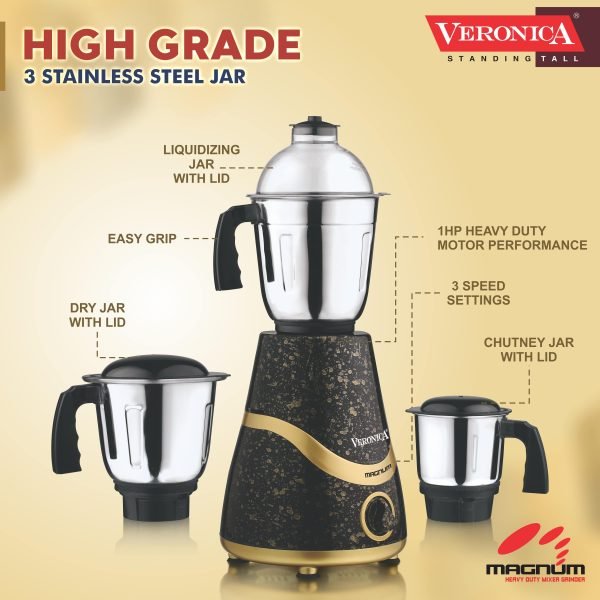 Veronica Magnum Heavy Duty 750 watts 3 Jar Mixer Grinder with 304 SS Blades, Large Size SS Jars, Break Resistant Jar Lids, Black-Gold