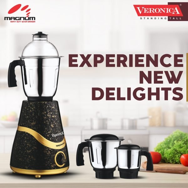 Veronica Magnum Heavy Duty 750 watts 3 Jar Mixer Grinder with 304 SS Blades, Large Size SS Jars, Break Resistant Jar Lids, Black-Gold